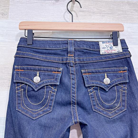 True Religion Flap Boot Cut Jeans Blue Dark Wash Low Rise Stretch Womens 27 - Picture 5 of 10